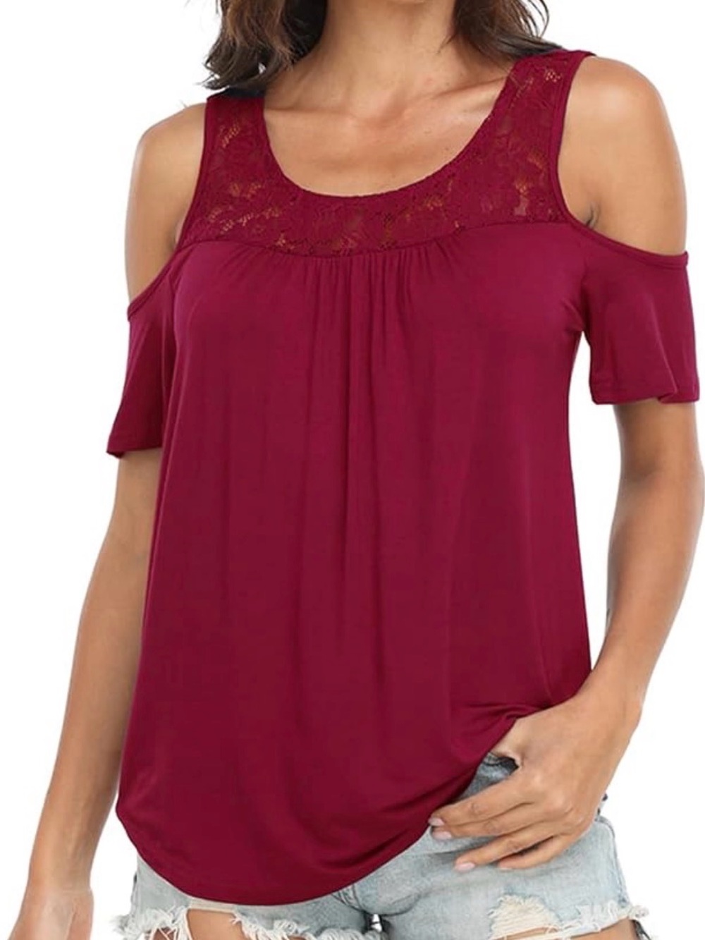 EUC Plusashion Cold Shoulder Lace Yoke Top in Wine size 2XL